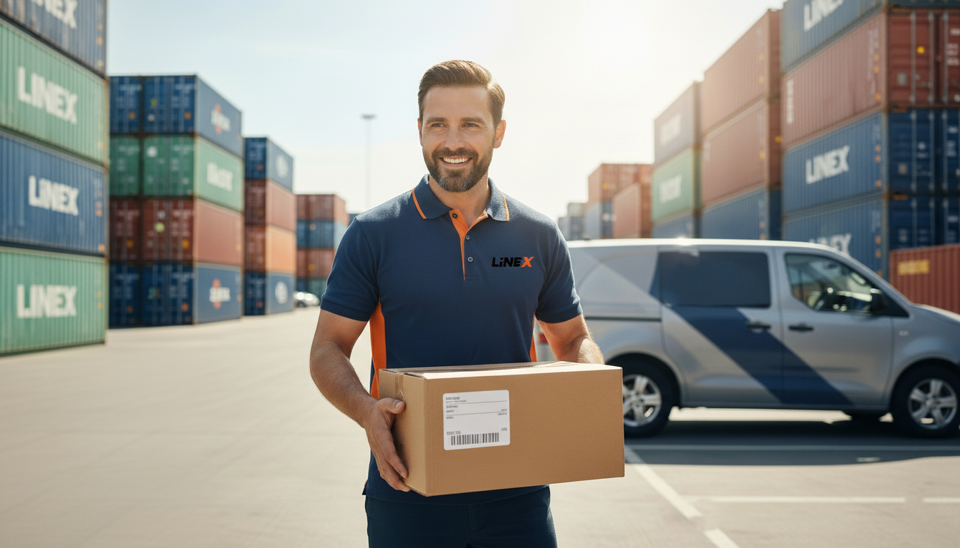 موظف من شركة لاين اكس لوجيستيكس يحمل شحنة في منطقة حاويات